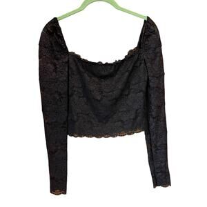 GUESS Women's Long Sleeve Stretchy Black Floral Lace Square Neck Cropped Top SM